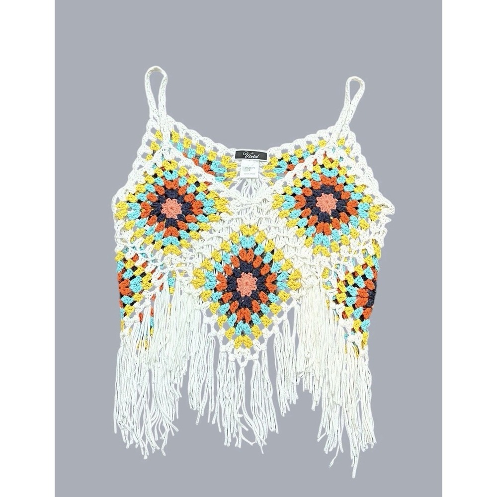 Vivid Granny Square Crochet Fringe Crop Top Multicolor Boho Festival